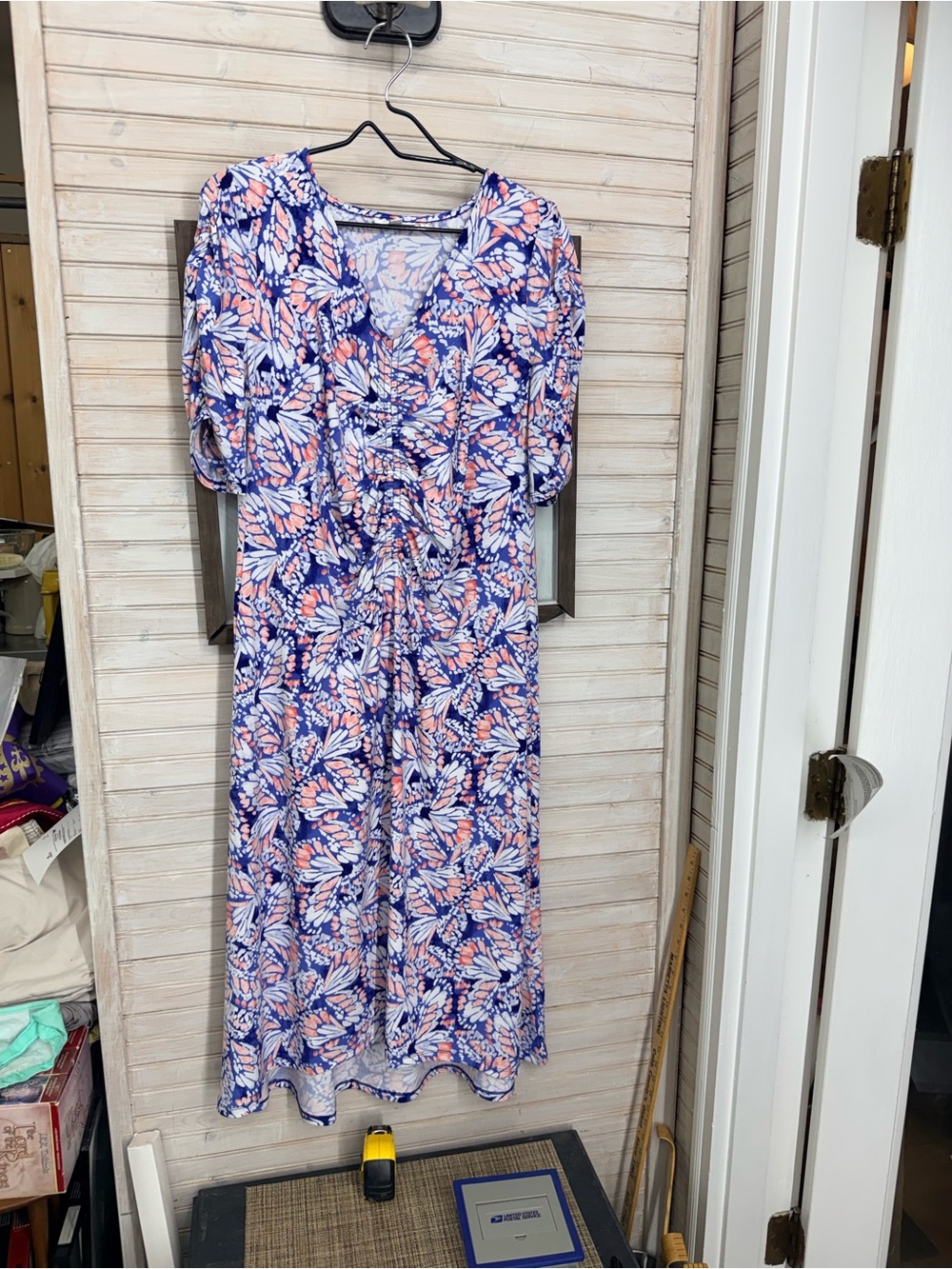 Chico's 2 or Women’s L Blue, White & Coral Floral V-Neck High-Low Dress